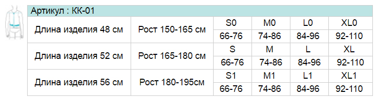 Таблица размеров корректора осанки Экотен / Ecoten, ребра жесткости, воздухопроницаемые материалы, для взрослых, мягкие накладки, КК-01