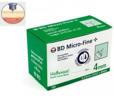 Иглы BD МикроФайн Плюс для шприц-ручки, для инъекций инсулина, размер 32G 4 мм х 0,23 мм, 100 шт. в уп.
