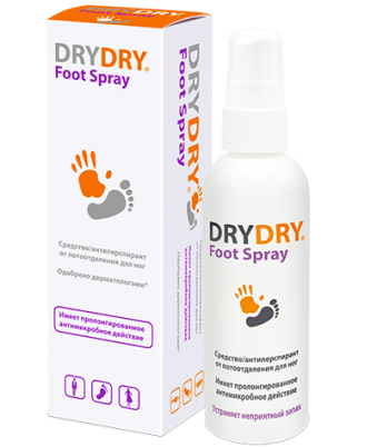 Спрей для ног от обильного потовыделения Dry Dry Foot Spray, обладает охлаждающим эффектом, универсальный, объем 100мл