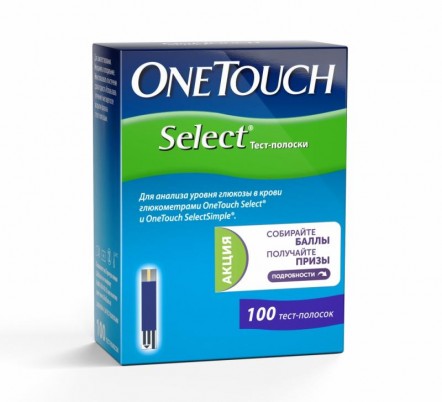 Тест-полоски One Touch Select одноразовые, для количественного измерения уровня глюкозы в крови 100 шт.