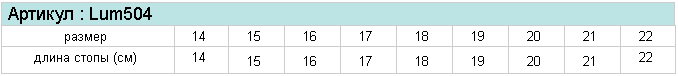 Размерная таблица ортопедических стелек Luomma Season Lum504