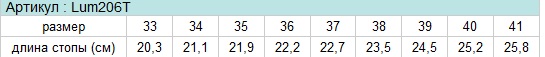 Стельки ортопедические женские Lum206T таблица размеров 