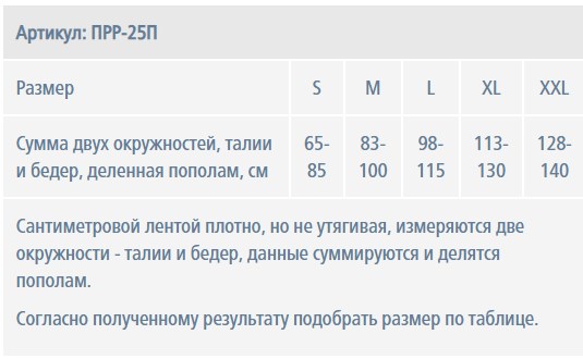 Размерная таблица для пояснично-крестцового корсета Экотен ПРР-25П Размерная таблица для пояснично-крестцового корсета Экотен ПРР-25П