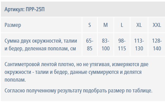 Размерная таблица для пояснично-крестцового корсета Экотен ПРР-25П