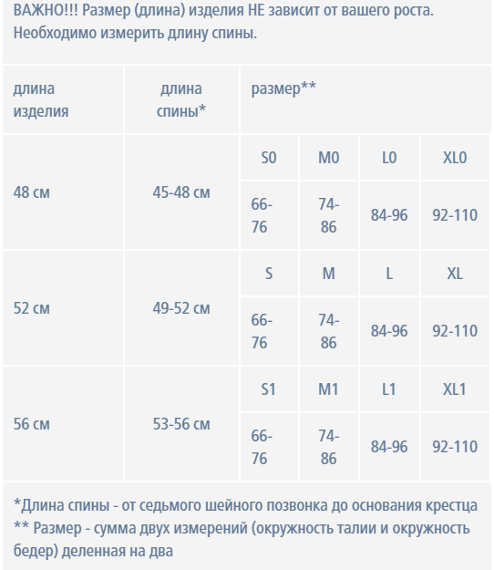 Корректор осанки усиленный КК-02П таблица размеров