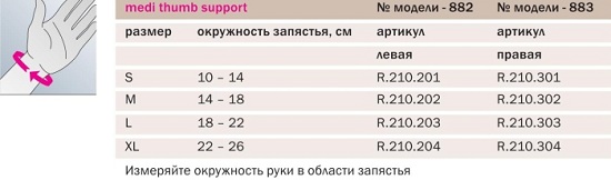 Шина для большого 1-го пальца кисти 883. Таблица размеров Шина для большого 1-го пальца кисти 883. Таблица размеров