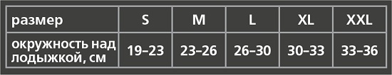 Бандаж на голеностопный сустав BCA 400. Таблица размеров