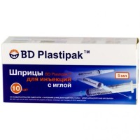 Шприц 3-х комп. BD PLASTIPAK 5мл с иглой 0,7-30мм, 10 шт в уп.