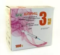 Шприц трехкомпонентный SFM стерильный с иглой 23G (0,6х30мм) объемом 3мл, 100 штук