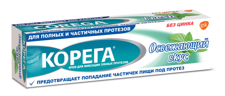 Крем для фиксации зубных протезов Освежающий вкус КОРЕГА, надежная фиксация на целый день, не содержит цинка, 40г