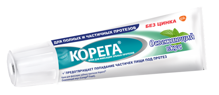 Крем для фиксации зубных протезов Освежающий вкус КОРЕГА, надежная фиксация на целый день, не содержит цинка, 40г