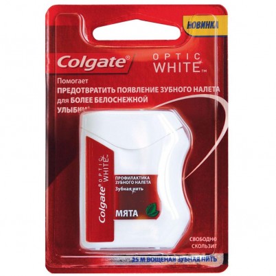 Нить зубная отбеливающая Колгейт / Colgate Optic White вощенная, удаляет зубной камень и налет, освежает 25м