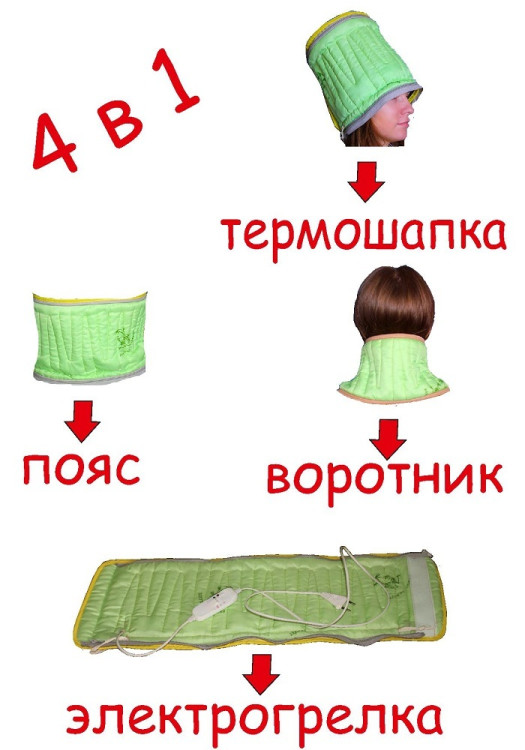 Электрогрелка Электромир Воротник 4 в 1 включает в себе термошапку, пояс, электрогрелку и воротник с двумя режимами, 292