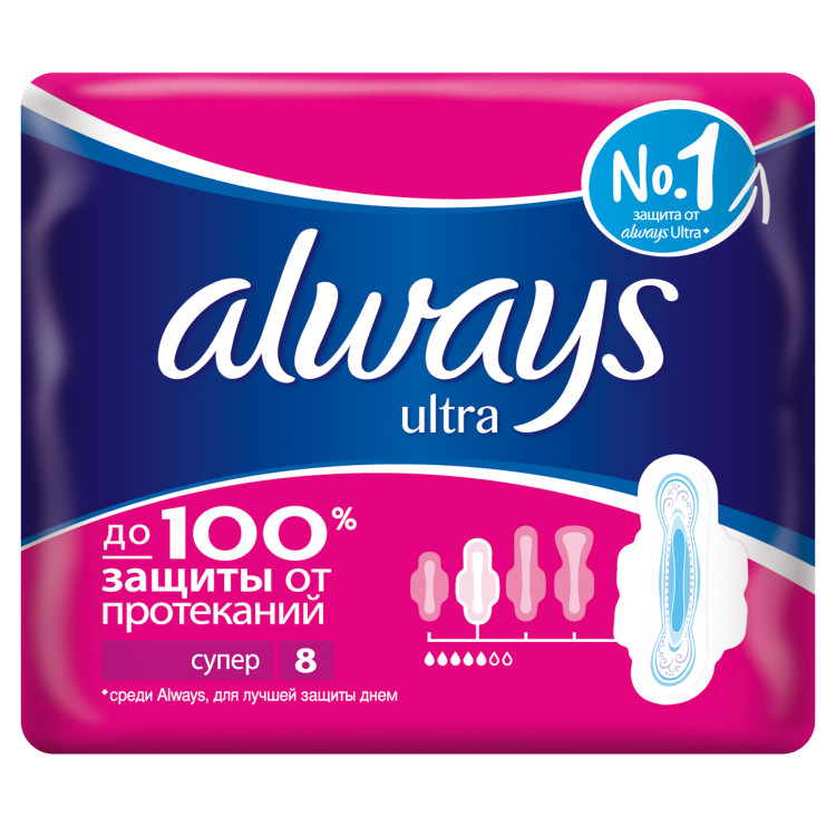 Прокладки гигиенические Always Ultra Super, ультратонкие, мягкий верхний слой, надежная защита, 8 штук