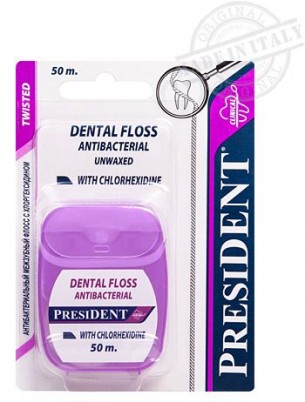 Нить флосс зубная Президент / President мятный вкус, с хлоргексидином, удаляет бактериальный налет, объем 50м