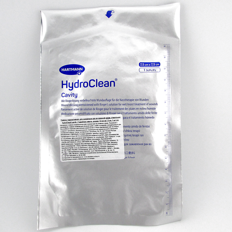 Повязка гидроактивная HydroClean Cavity (Гидроклин кэвити) 7.5х7.5см, с раствором Рингера и антисептиком, 609008