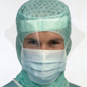Маска хирургическая Barrier с носовым фиксатором и защитным экраном, 4-х слойная, на завязках, голубая, 50шт, 4232