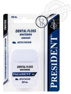 Нить зубная флосс Президент / President отбеливающая, с папаином, удаляет зубной налет, освежает, объем 50м