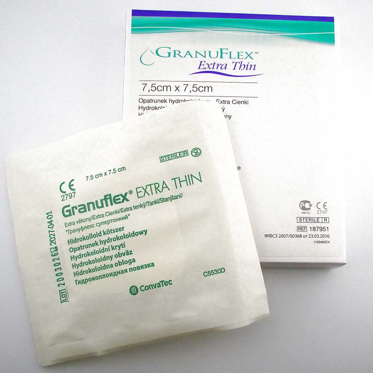 Повязка Грануфлекс (Granuflex xthin) 7.5х7.5см, супертонкая гидроколлоидная для слабо экссудативных ран, 187951