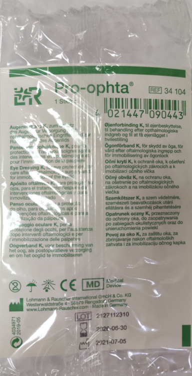 Повязка на глаз Pro-Ophta тип К нестерильная анатомической формы, 7.8 x 11.4см, 34104