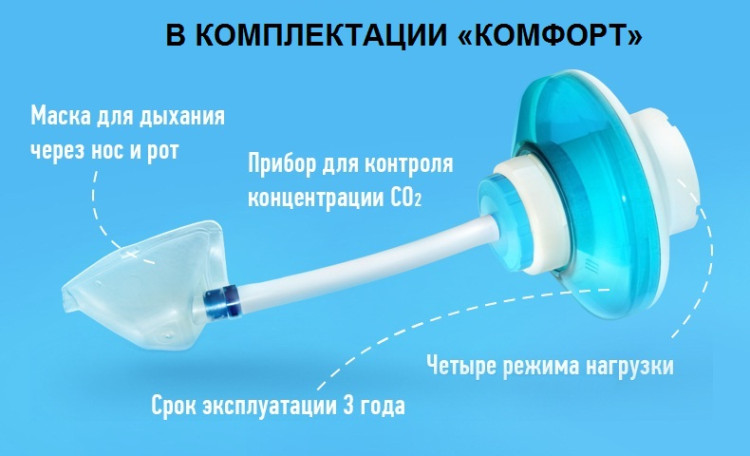 Тренажер Самоздрав Комфорт дыхательный с маской и 4-мя режимами нагрузки нормализует газовый состав крови, 148