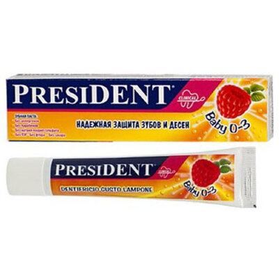 Паста - гель для детей Президент / President Baby от 0 - 3 лет, со вкусом малины, укрепляет эмаль, объем 30мл