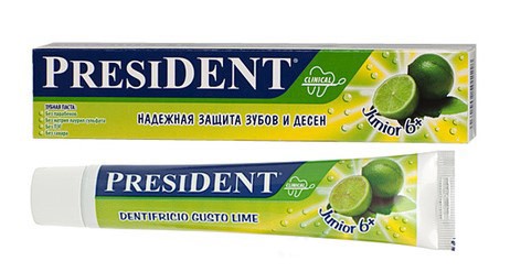 Паста - гель для детей Президент / President Junior старше 6 лет, вкус лайма, против кариеса, защищает 50мл