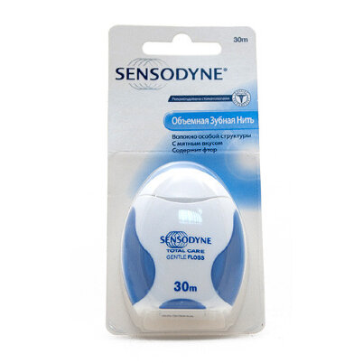 Нить зубная объемная Сенсодин / Sensodyne Total Care с мятным вкусом, содержит фтор, очищает налет, длина 30м