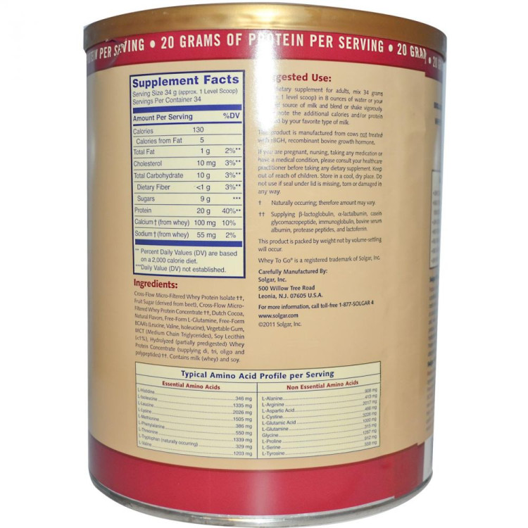 Питание для спортсменов Solgar Whey To Go со вкусом шоколада, источник белка, аминокислот и минералов, 454мг