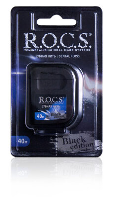 Зубная нить, Rocs / Рокс, Black Edition, крученая, расширяющаяся, с мягким мятным вкусом, без фтора, 40 м.