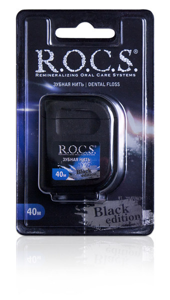 Зубная нить, Rocs / Рокс, Black Edition, крученая, расширяющаяся, с мягким мятным вкусом, без фтора, 40 м.
