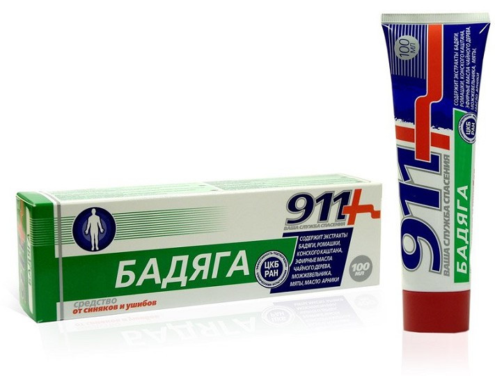Гель для тела 911 Бадяга, средство от синяков и ушибов, способствует более быстрой регенерации тканей, туба, 100 мл.