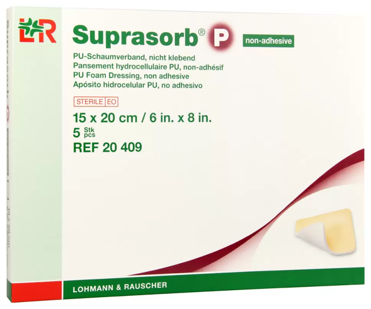 Повязка Suprasorb P (Супрасорб П) неклейкая полиуретановая губчатая 15х20см, 5шт, 20409