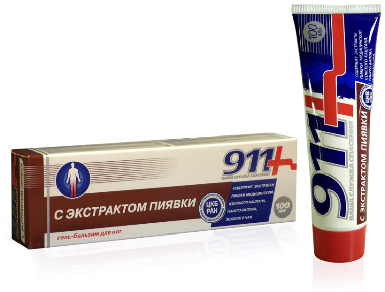 Гель-бальзам для ног 911 с экстрактом пиявки, укрепляет сосудистую стенку, улучшает крово- и лимфообращение, туба 100 мл