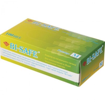 Перчатки медицинские латексные смотровые BI-SAFE текстурированные без пудры, 100 шт