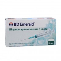 Шприц инъекционный BD Emerald, 3 - х компонентный, прозрачный, для любых инъекций, игла 0,7х30 мм, 5 мл, 100 шт., 307763