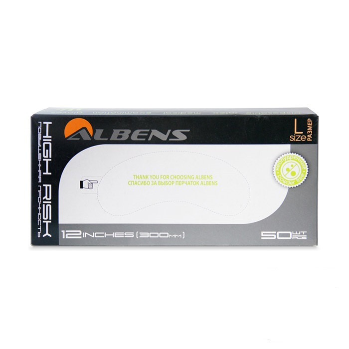 Перчатки смотровые латексные нестерильные Albens повышенной длины и прочности, размер M, 50шт Перчатки смотровые латексные нестерильные Albens повышенной длины и прочности, размер M, 50шт