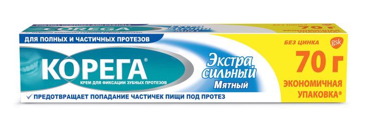 Крем для фиксации зубных протезов Корега экстра-сильный, мятный вкус, предотвращает попадание пищи, 70 мл