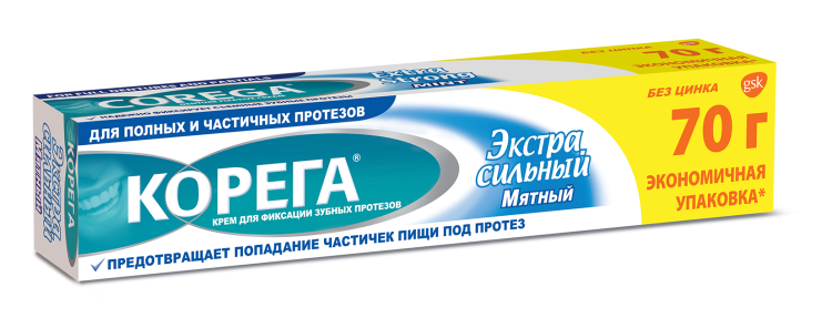 Крем для фиксации зубных протезов Корега экстра-сильный, мятный вкус, предотвращает попадание пищи, 70 мл