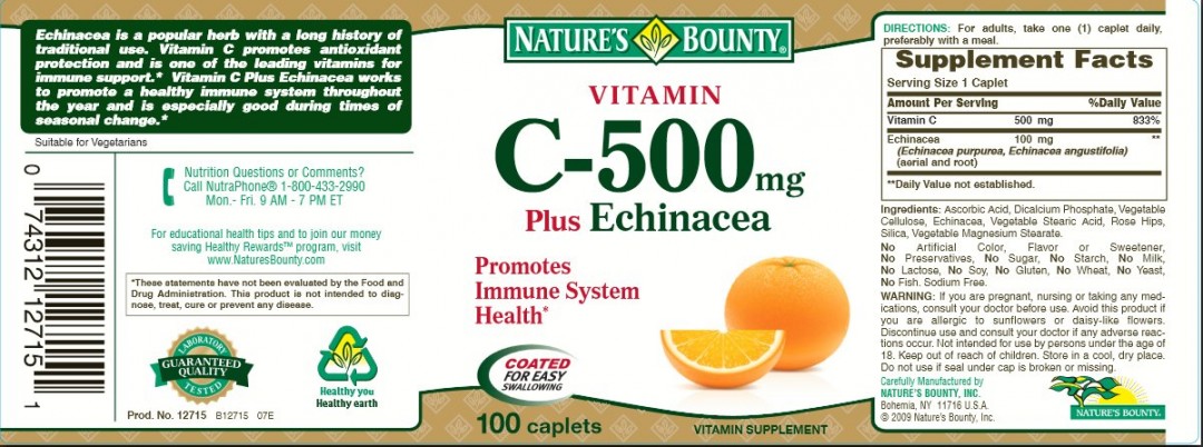 Комплекс витаминов Nature's bounty витамин С плюс эхинацея, повышает иммунитет, защита от простуд, 100 шт по 500 мг