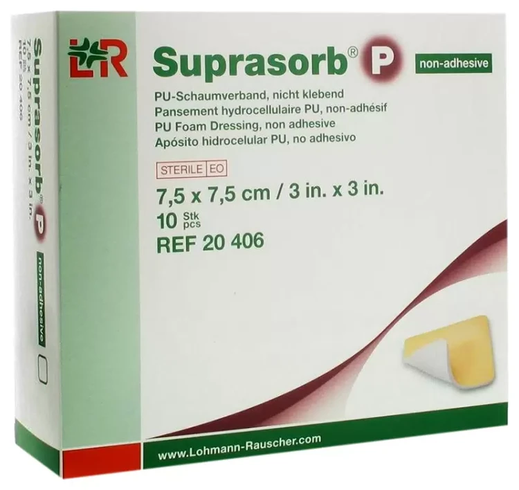Повязка Suprasorb P (Супрасорб П) неклейкая полиуретановая губчатая, 7.5х7.5см, 20406