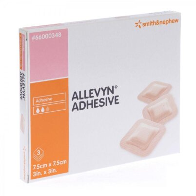 Повязка Allevyn Adhesive абсорбирующая губчатая с самоклеющейся гипоаллергенной полоской, 7.5х7.5см, 3шт, 66000348