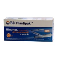 Шприц 3-х комп. BD PLASTIPAK 2мл с иглой 0,6-25мм, 10шт в уп.